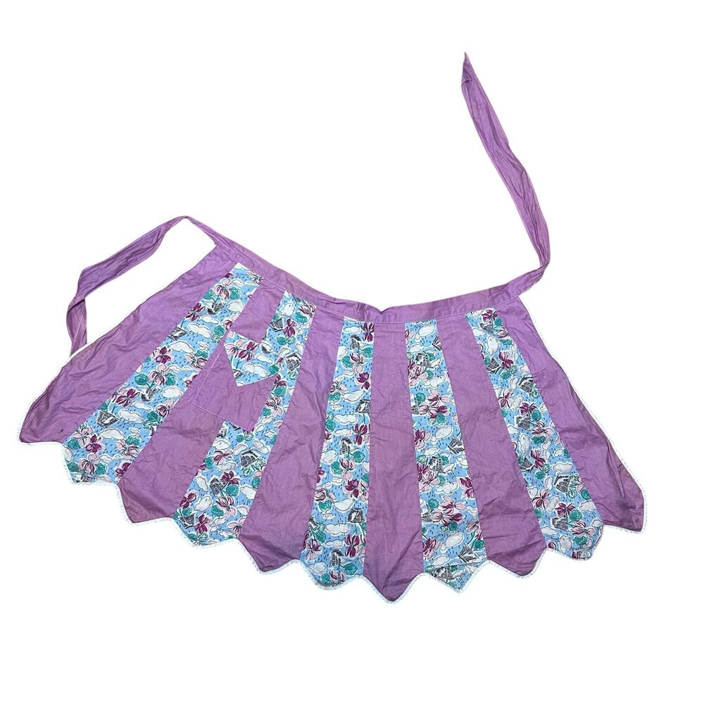 VTG 50s Purple Floral Print Half Apron Cottagecore Retro Twee Cotton Mod Pocket